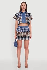 Womens Cropped Denim Detail Raw Hem Plaid Tiered Shirt, Multi, Size L