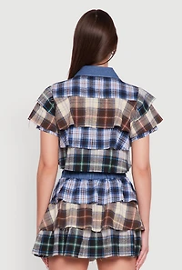 Womens Cropped Denim Detail Raw Hem Plaid Tiered Shirt, Multi,