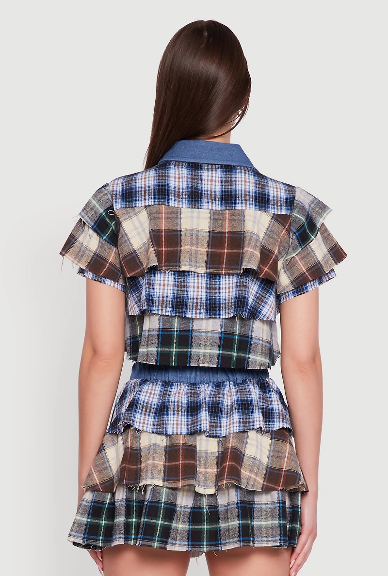 Cropped Denim Detail Raw Hem Plaid Tiered Shirt