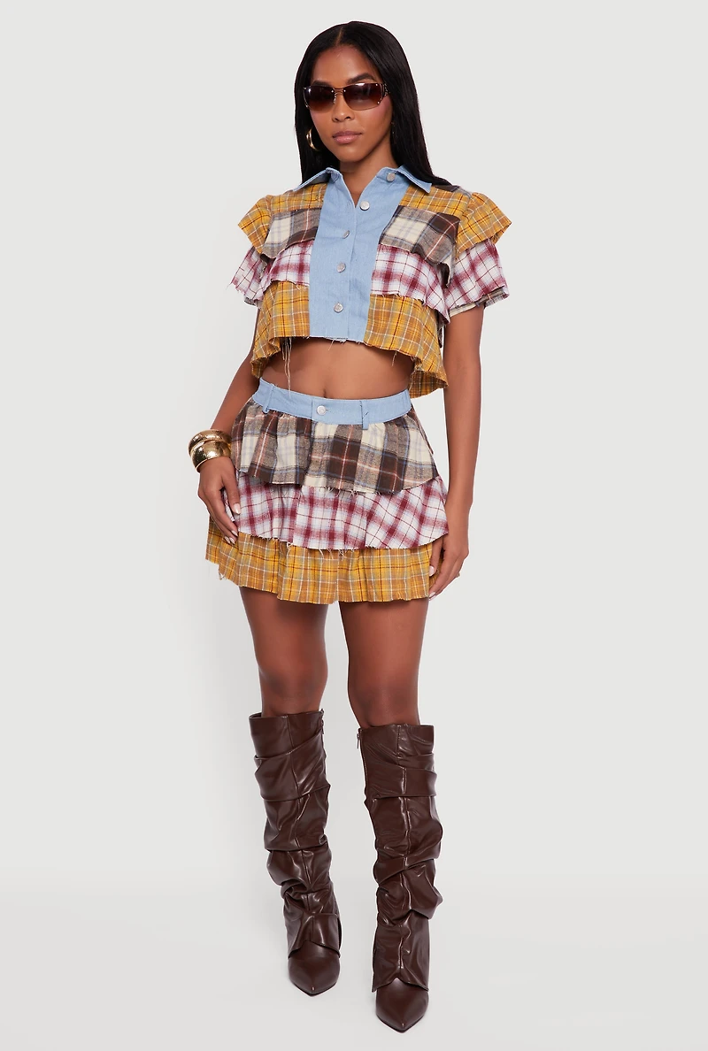 Denim Detail Raw Hem Plaid Mini Skirt