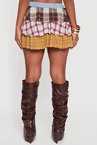 Womens Denim Detail Raw Hem Plaid Mini Skirt, Multi, Size L