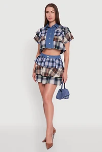Denim Detail Raw Hem Plaid Mini Skirt