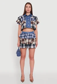 Denim Detail Raw Hem Plaid Mini Skirt