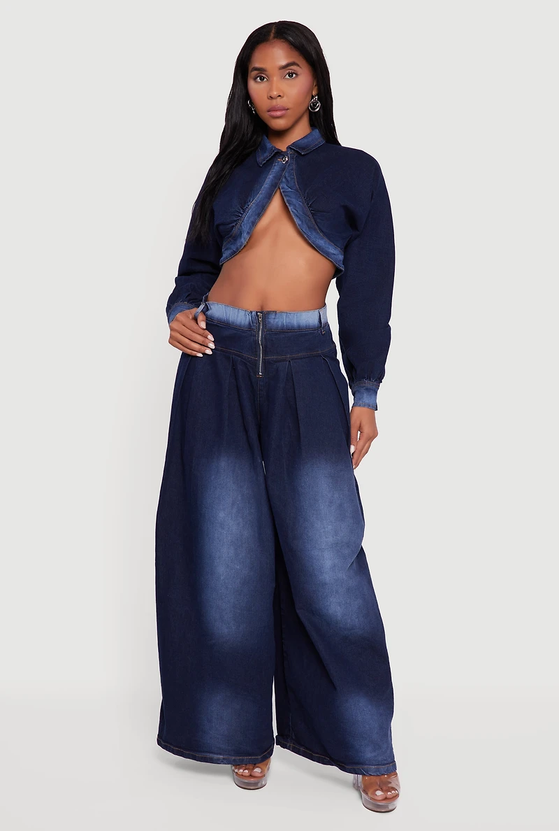 Womens Pleated Detail Baggy Wide Leg Jeans, Blue, Size M