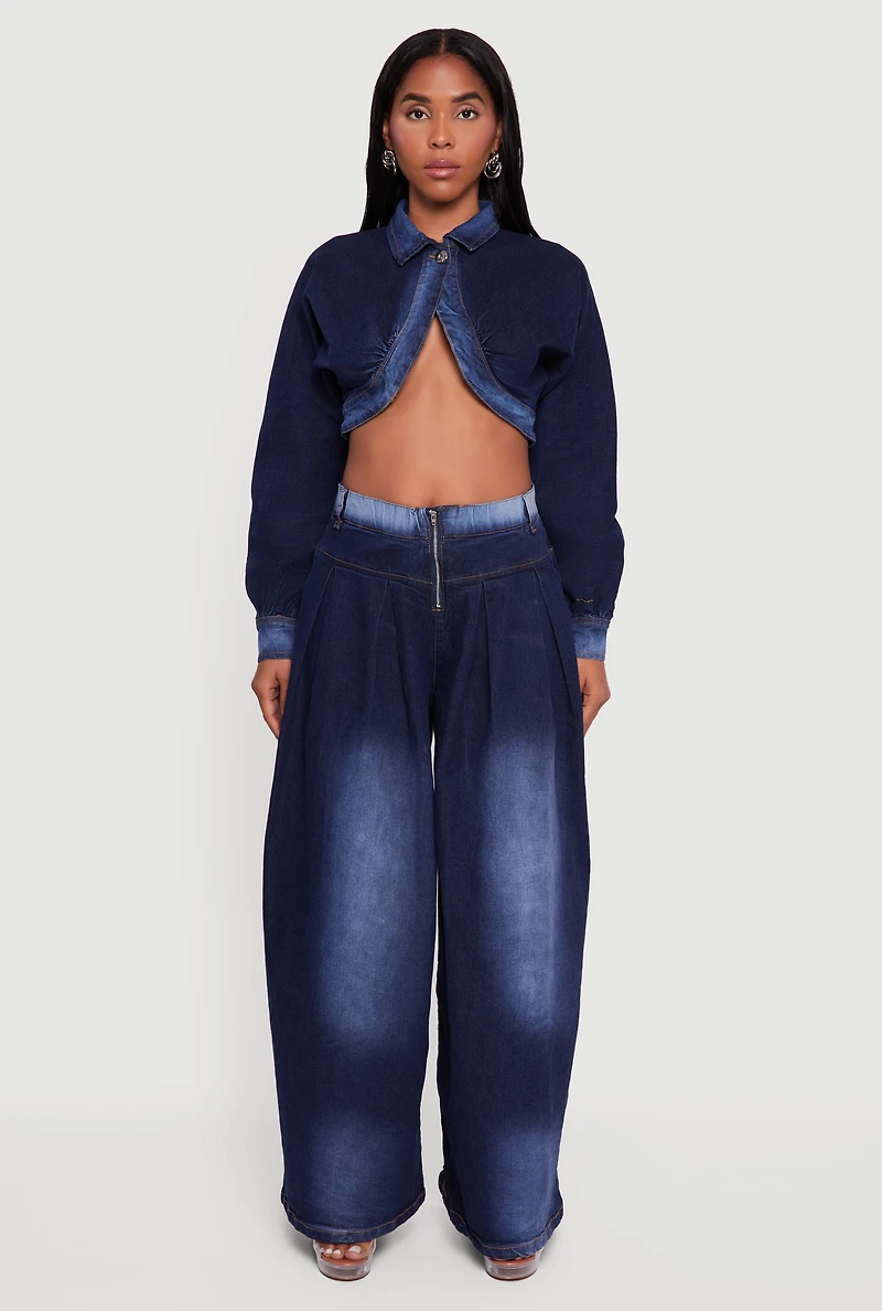 Womens Pleated Detail Baggy Wide Leg Jeans, Blue, Size L