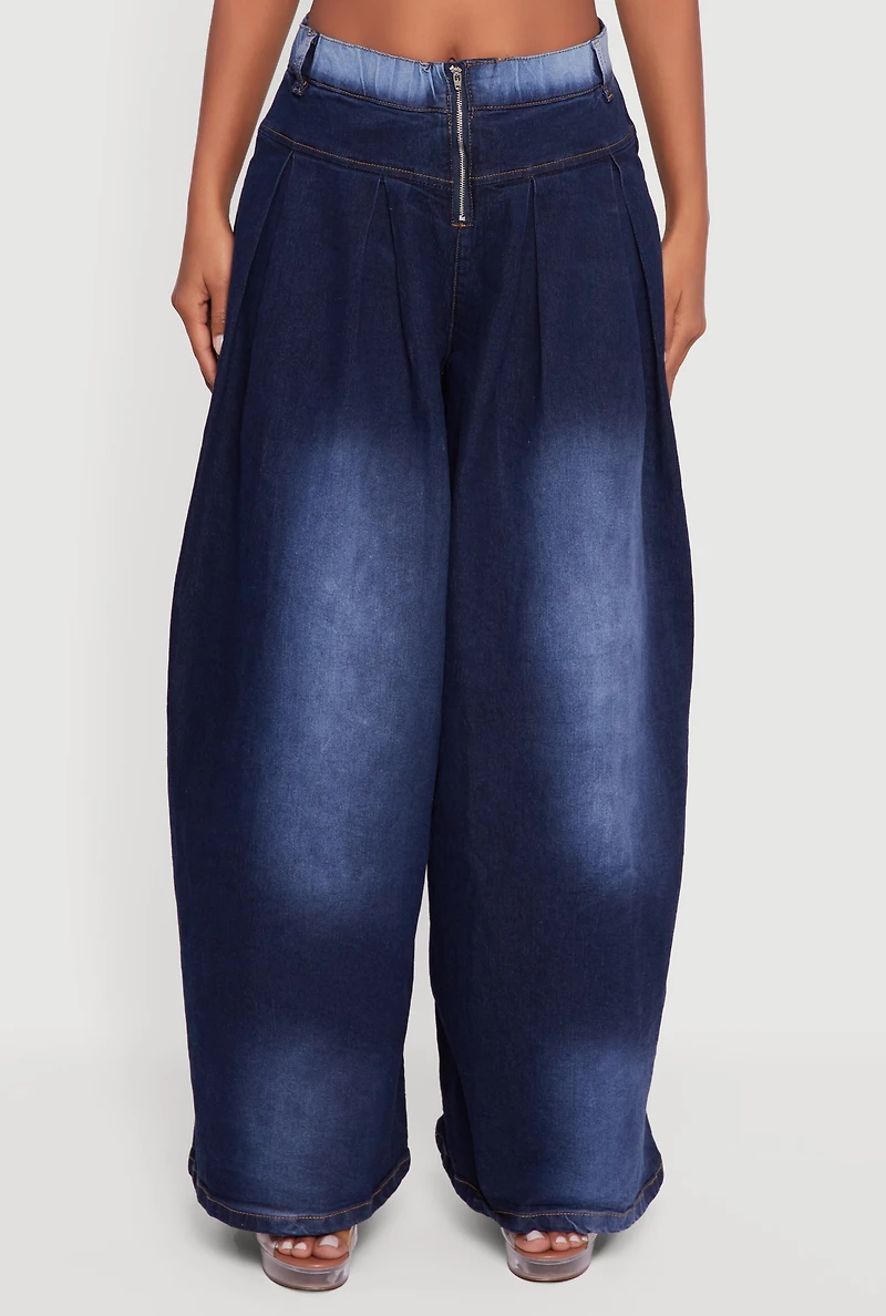 Womens Pleated Detail Baggy Wide Leg Jeans, Blue, Size L