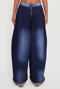 Womens Pleated Detail Baggy Wide Leg Jeans, Blue, Size L