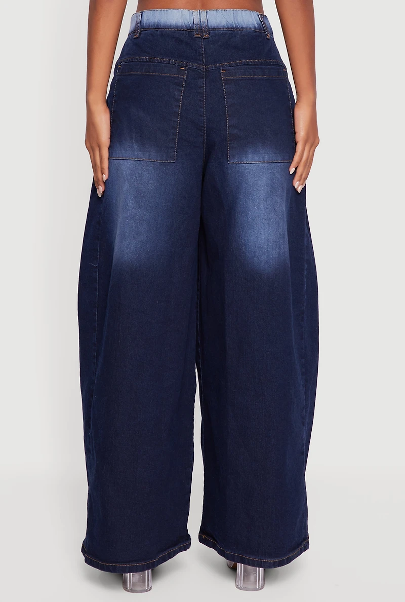 Womens Pleated Detail Baggy Wide Leg Jeans, Blue, Size M