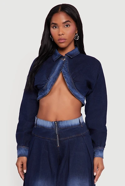 Womens One Button Denim Bolero Jacket, Blue,