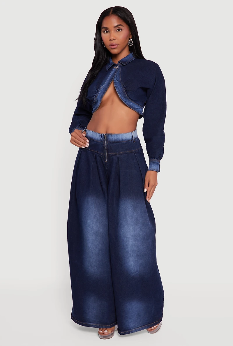 Womens One Button Denim Bolero Jacket, Blue,