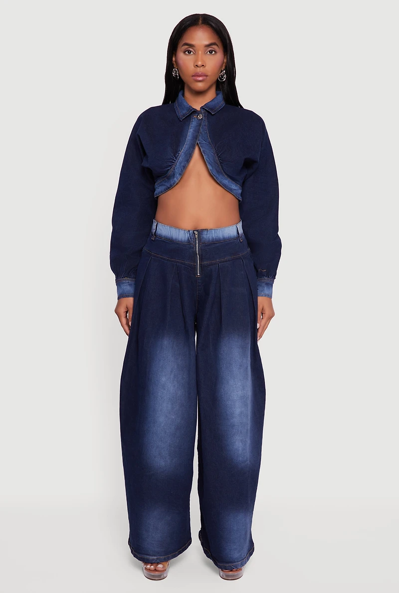 Womens One Button Denim Bolero Jacket, Blue,