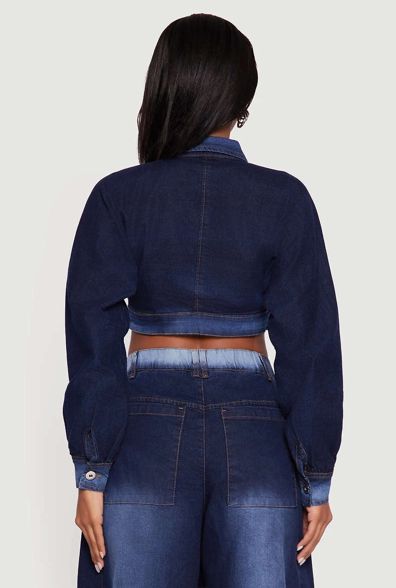 Womens One Button Denim Bolero Jacket, Blue,