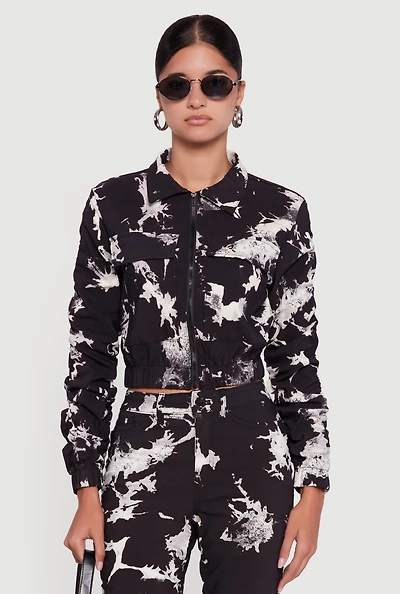 Womens Zip Front Printed Pattern Ruched Sleeve Jacket,