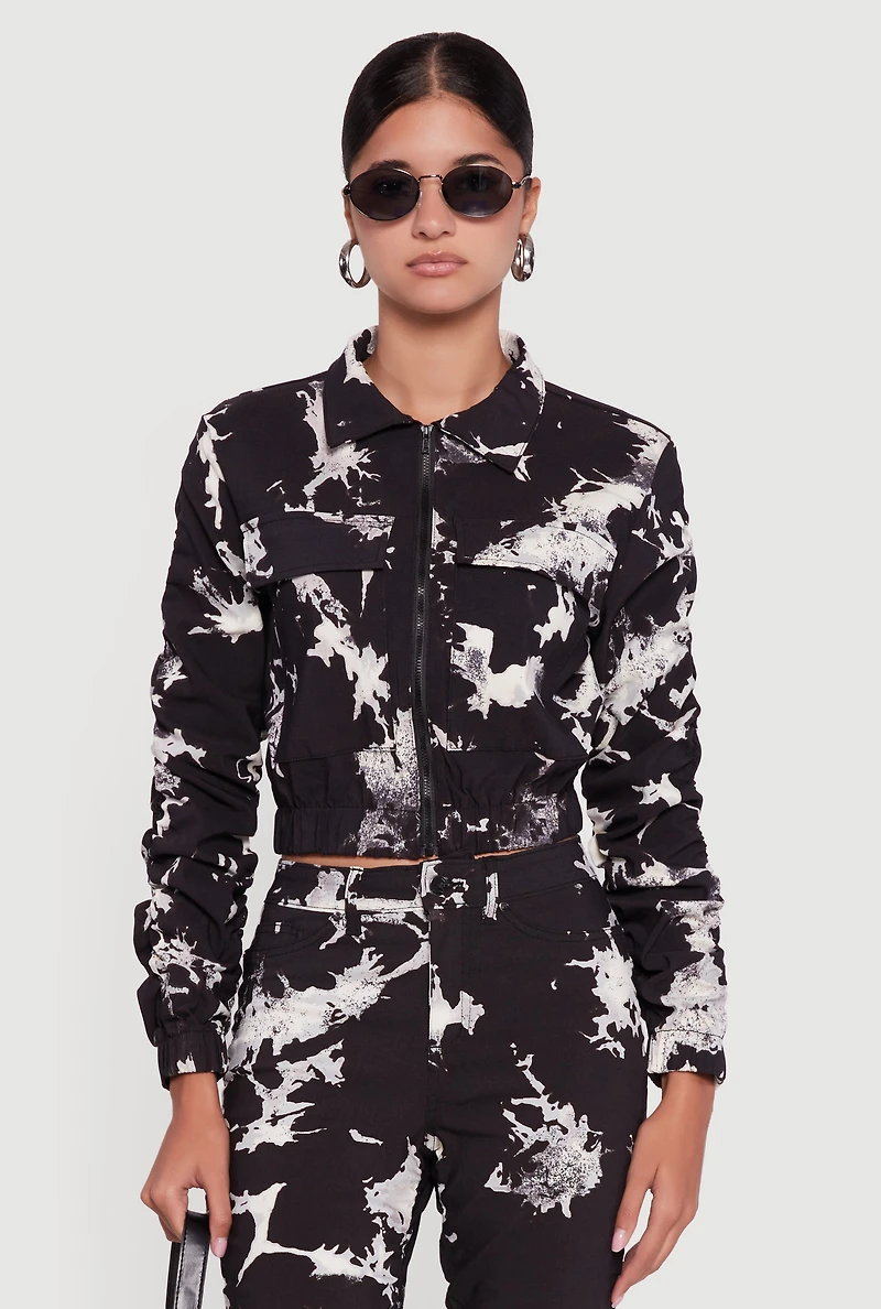 Zip Front Printed Pattern Ruched Sleeve Jacket