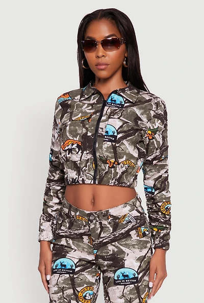 Womens Zip Front Printed Pattern Ruched Sleeve Jacket, Multi, Size L