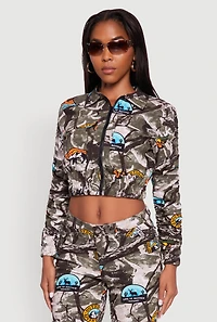 Zip Front Printed Pattern Ruched Sleeve Jacket