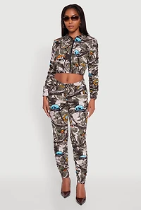 Womens Zip Front Printed Pattern Ruched Sleeve Jacket, Multi, Size S