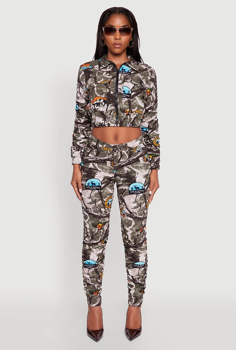 Zip Front Printed Pattern Ruched Sleeve Jacket