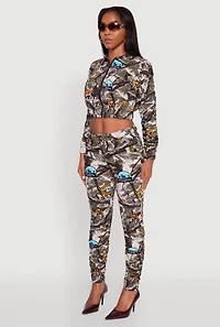 Zip Front Printed Pattern Ruched Sleeve Jacket