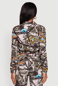 Zip Front Printed Pattern Ruched Sleeve Jacket