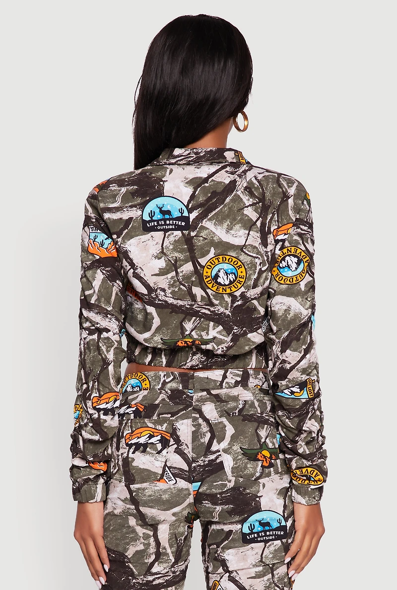 Zip Front Printed Pattern Ruched Sleeve Jacket