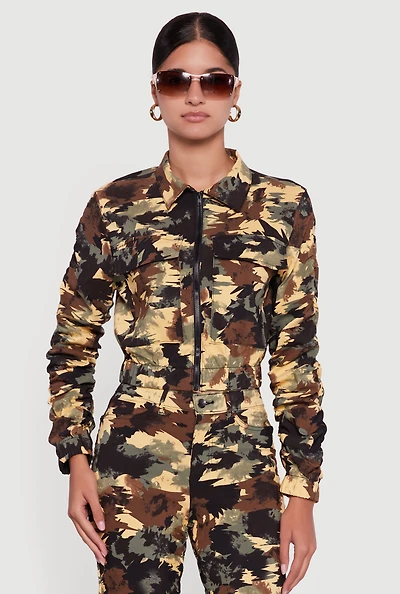 Womens Zip Front Printed Pattern Ruched Sleeve Jacket, Green, Size L