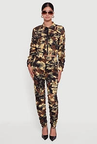 Womens Zip Front Printed Pattern Ruched Sleeve Jacket, Green, Size L