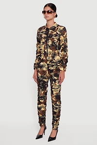 Womens Zip Front Printed Pattern Ruched Sleeve Jacket, Green, Size S