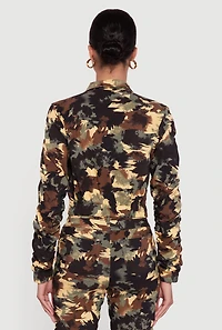 Womens Zip Front Printed Pattern Ruched Sleeve Jacket, Green, Size L