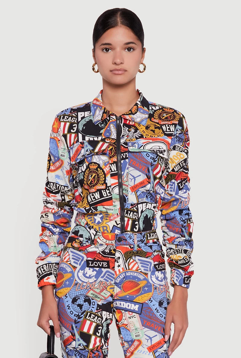 Womens Zip Front Printed Pattern Ruched Sleeve Jacket, ,