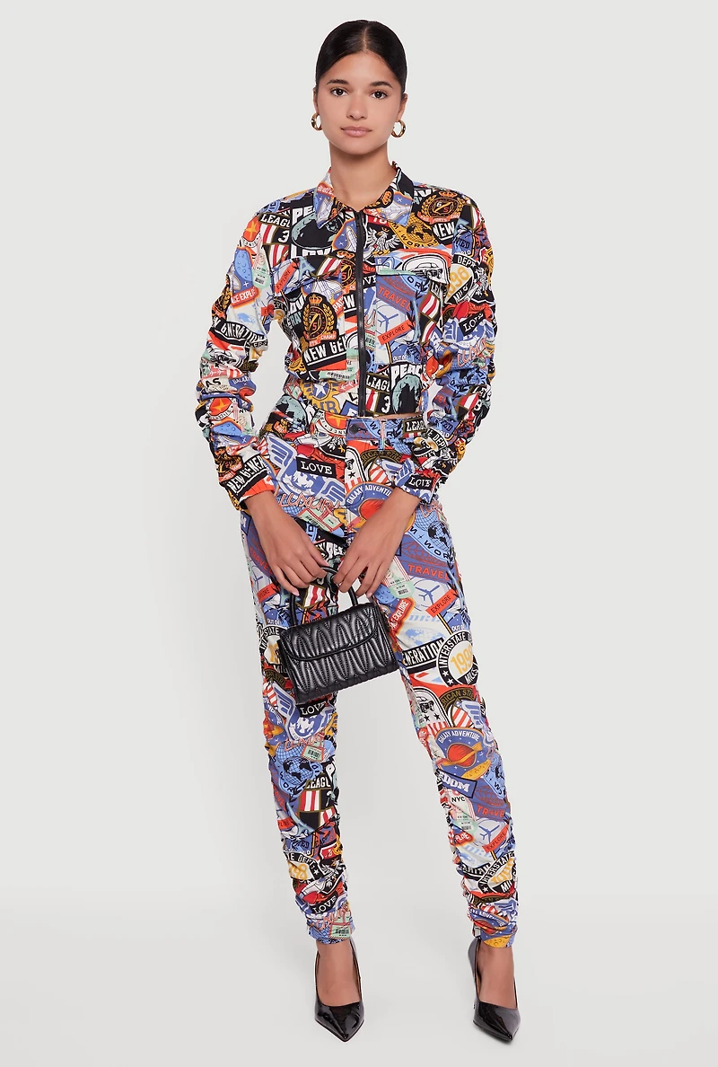 Womens Zip Front Printed Pattern Ruched Sleeve Jacket, ,