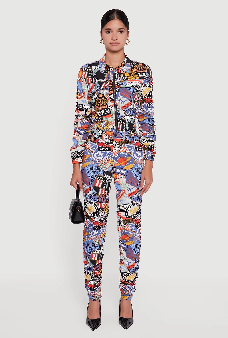 Womens Zip Front Printed Pattern Ruched Sleeve Jacket, ,