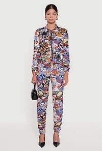 Womens Zip Front Printed Pattern Ruched Sleeve Jacket, ,