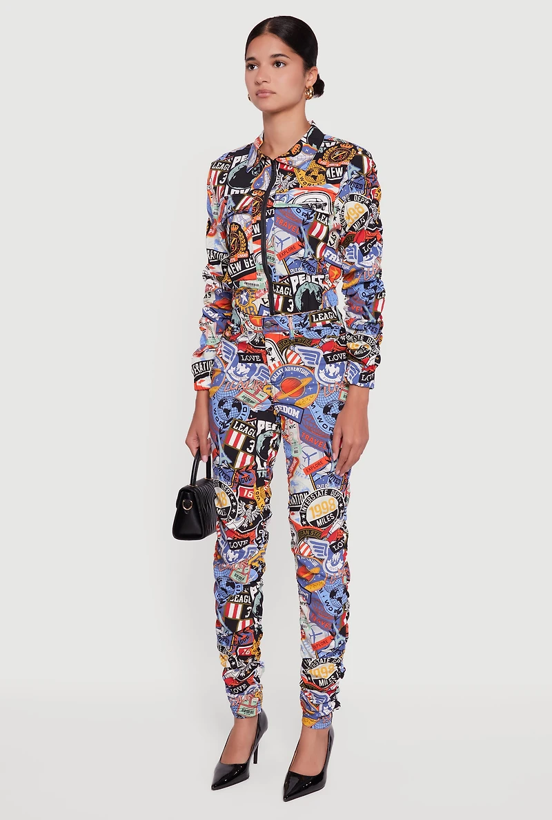 Womens Zip Front Printed Pattern Ruched Sleeve Jacket, ,