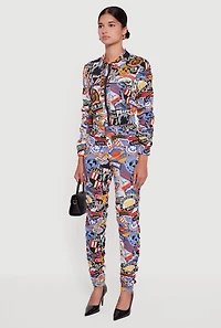 Womens Zip Front Printed Pattern Ruched Sleeve Jacket, ,