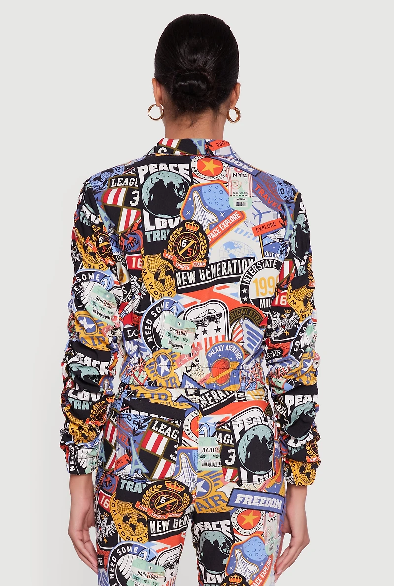 Womens Zip Front Printed Pattern Ruched Sleeve Jacket, ,