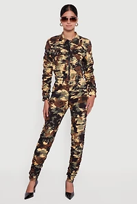 Womens Printed Pattern Ruched Pants, Green, Size S