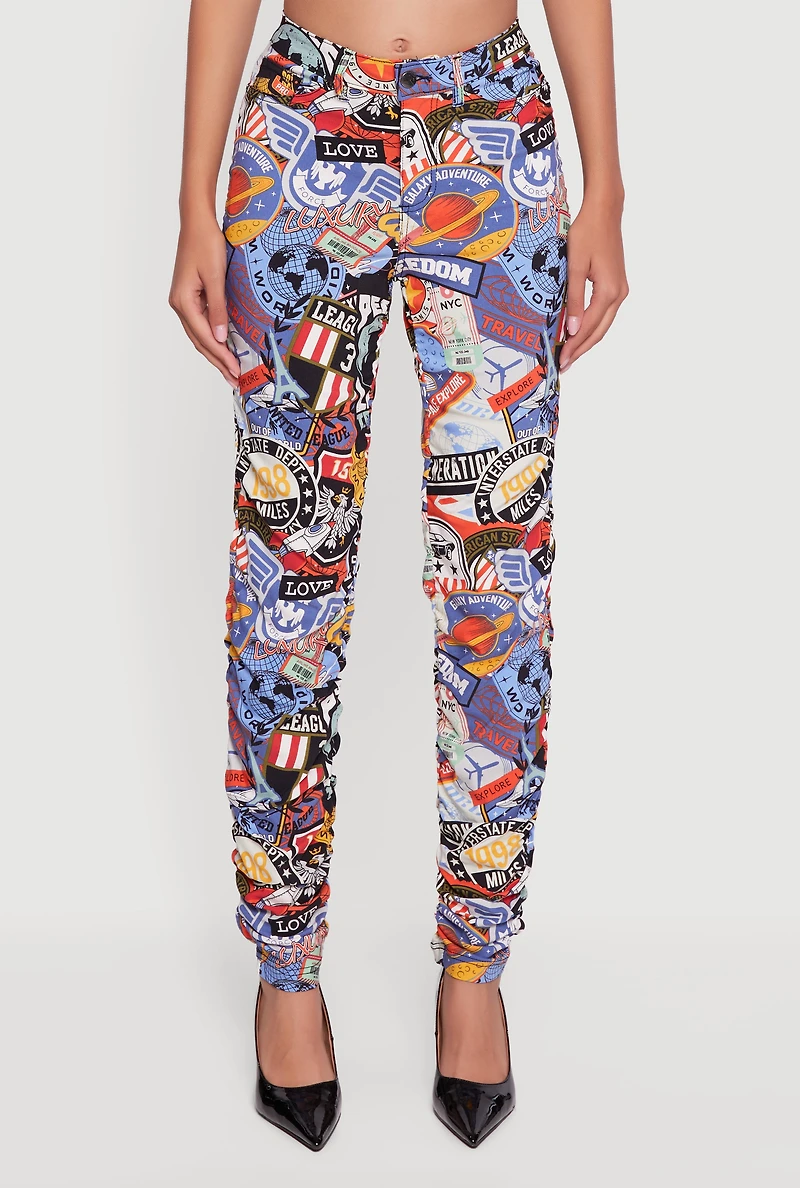 Womens Printed Pattern Ruched Pants, Multi,