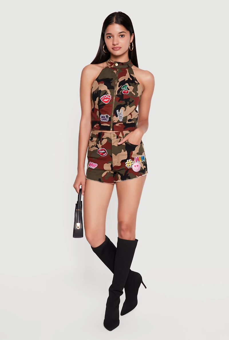 Graphic Patch Zip Front Camo Top