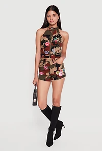 Graphic Patch Zip Front Camo Top
