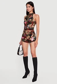 Graphic Patch Zip Front Camo Top