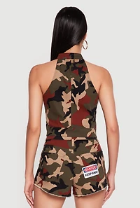 Graphic Patch Zip Front Camo Top