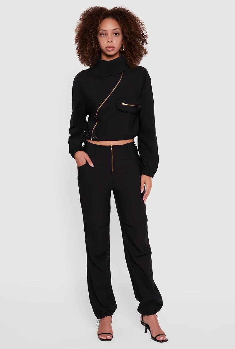 Womens Asymmetrical Zip Front Utility Jacket, Black, Size L