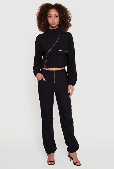 Womens Asymmetrical Zip Front Utility Jacket, Black, Size L
