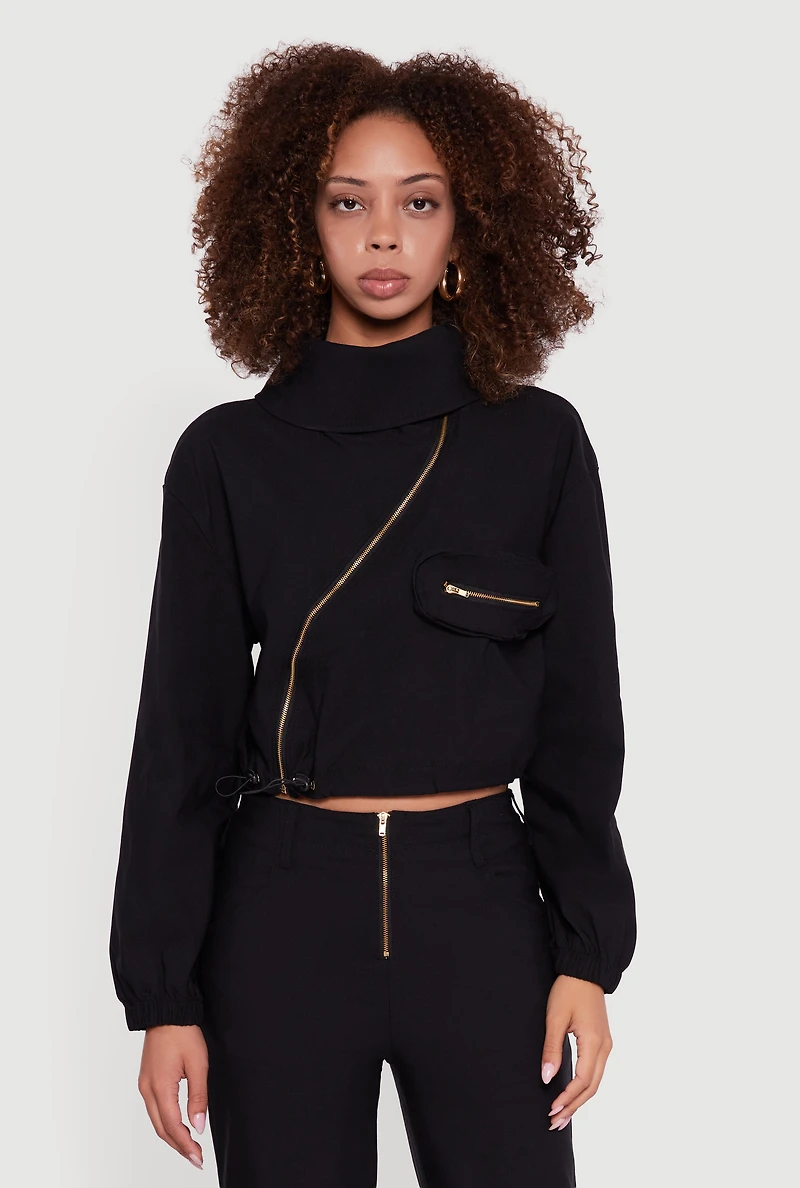 Womens Asymmetrical Zip Front Utility Jacket, Black, Size L