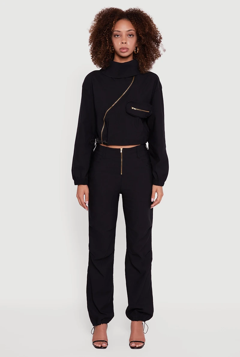 Womens Asymmetrical Zip Front Utility Jacket, Black, Size L