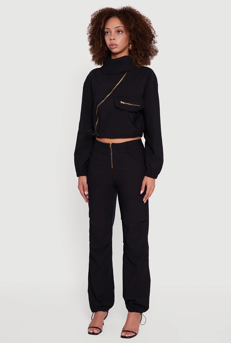 Womens Asymmetrical Zip Front Utility Jacket, Black, Size L