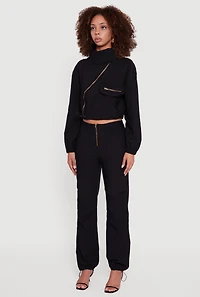 Womens Asymmetrical Zip Front Utility Jacket, Black, Size L