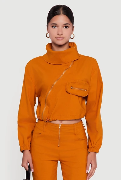 Womens Asymmetrical Zip Front Utility Jacket, Orange, Size M