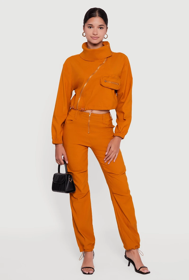 Womens Asymmetrical Zip Front Utility Jacket, Orange, Size L